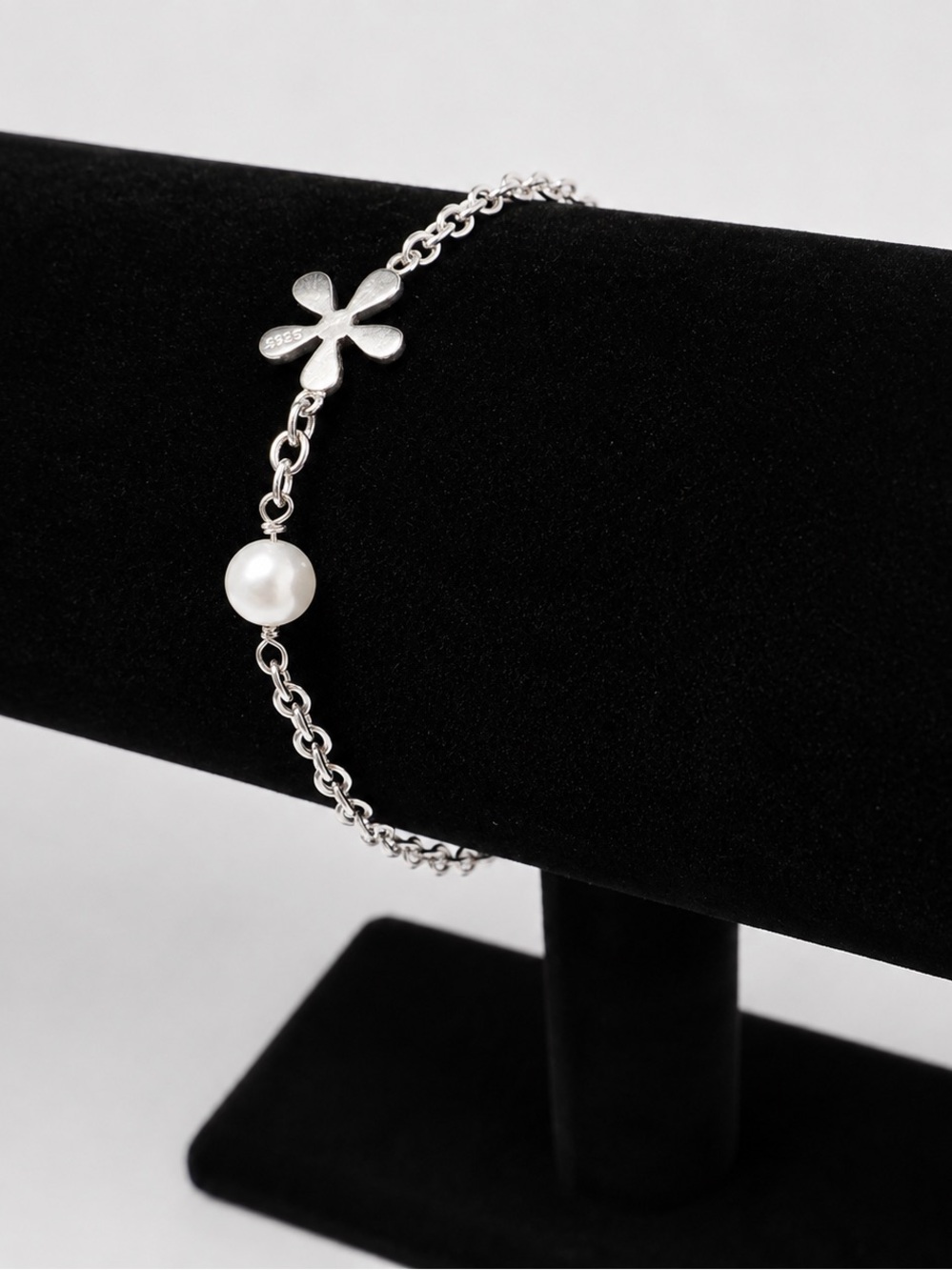 925 Sterling Silver Freshwater Pearl Daisy Flower Link Bracelet Adjust 7-7.25”